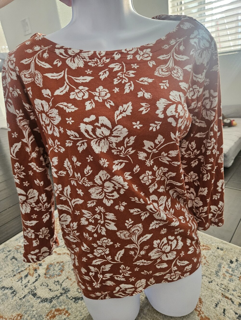 Croft & Barrow Medium Rust Floral Boat Neck 3/4 Sleeve Cotton Top Cottagecore